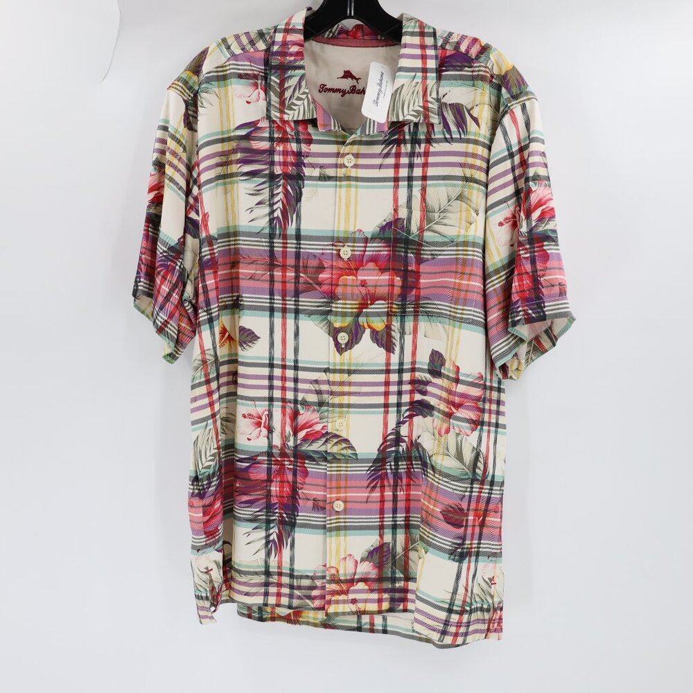 Tommy Bahama Hawaiian shirt mens medium Silk huladays plaid Camp loop collar